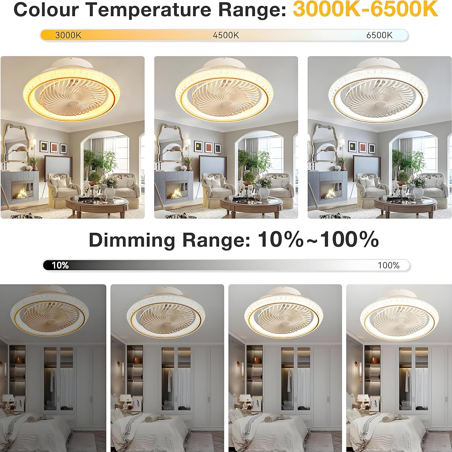 LED Deckenventilator mit Beleuchtung, Leise, 75W Deckenlampe mit Ventilator, Mit Fernbedienung und APP, 360° Drehung Lampe mit Ventilator, Reversibel, Internal, External luminescence, Gold