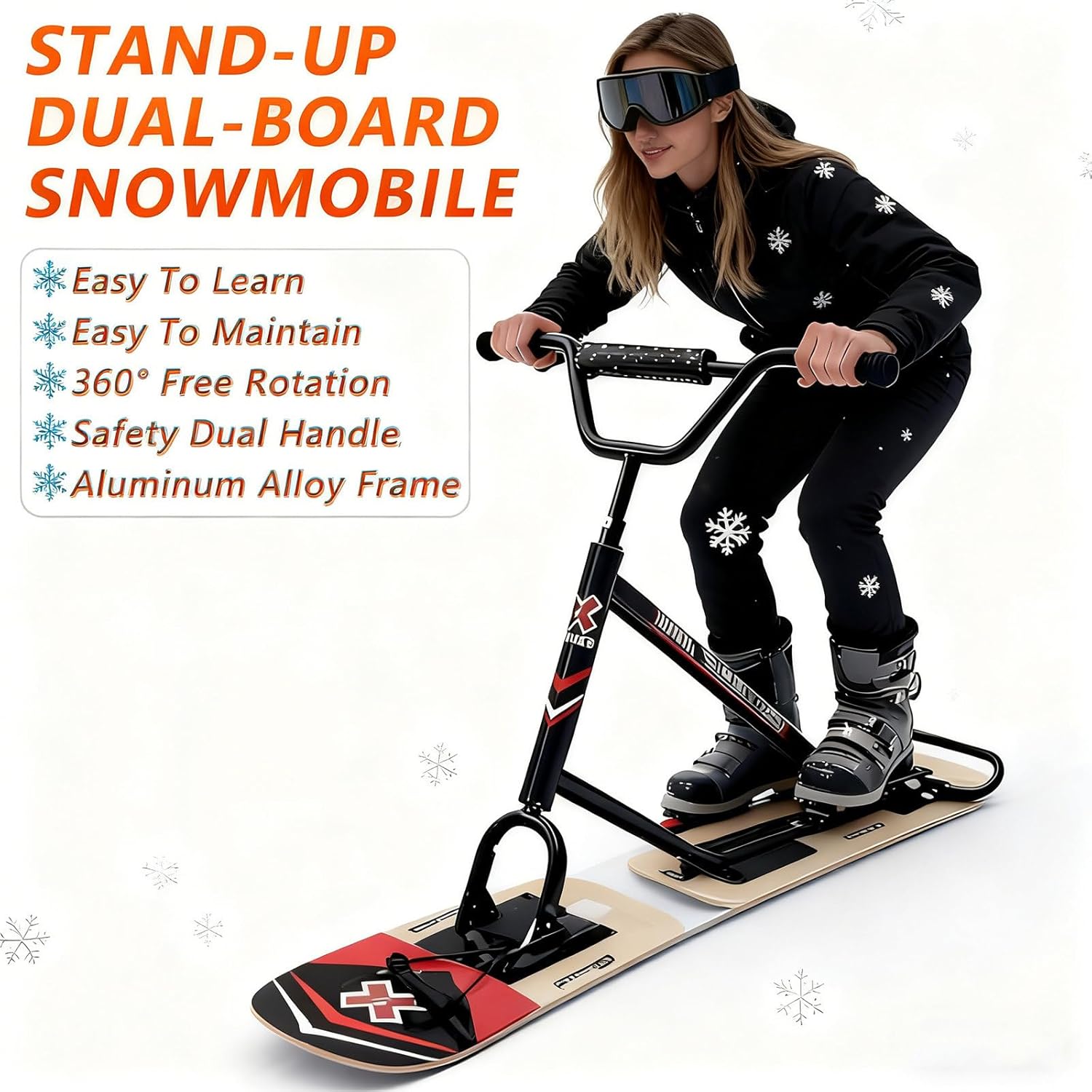 All-Terrain-Schlitten für Erwachsene | 360° drehbareres Ski mit Verstärkter Aluminiumrahmen | Schneeroller für Backcountry-Pisten, präparierte Hänge & Off-Road-Schneeabenteuer Black