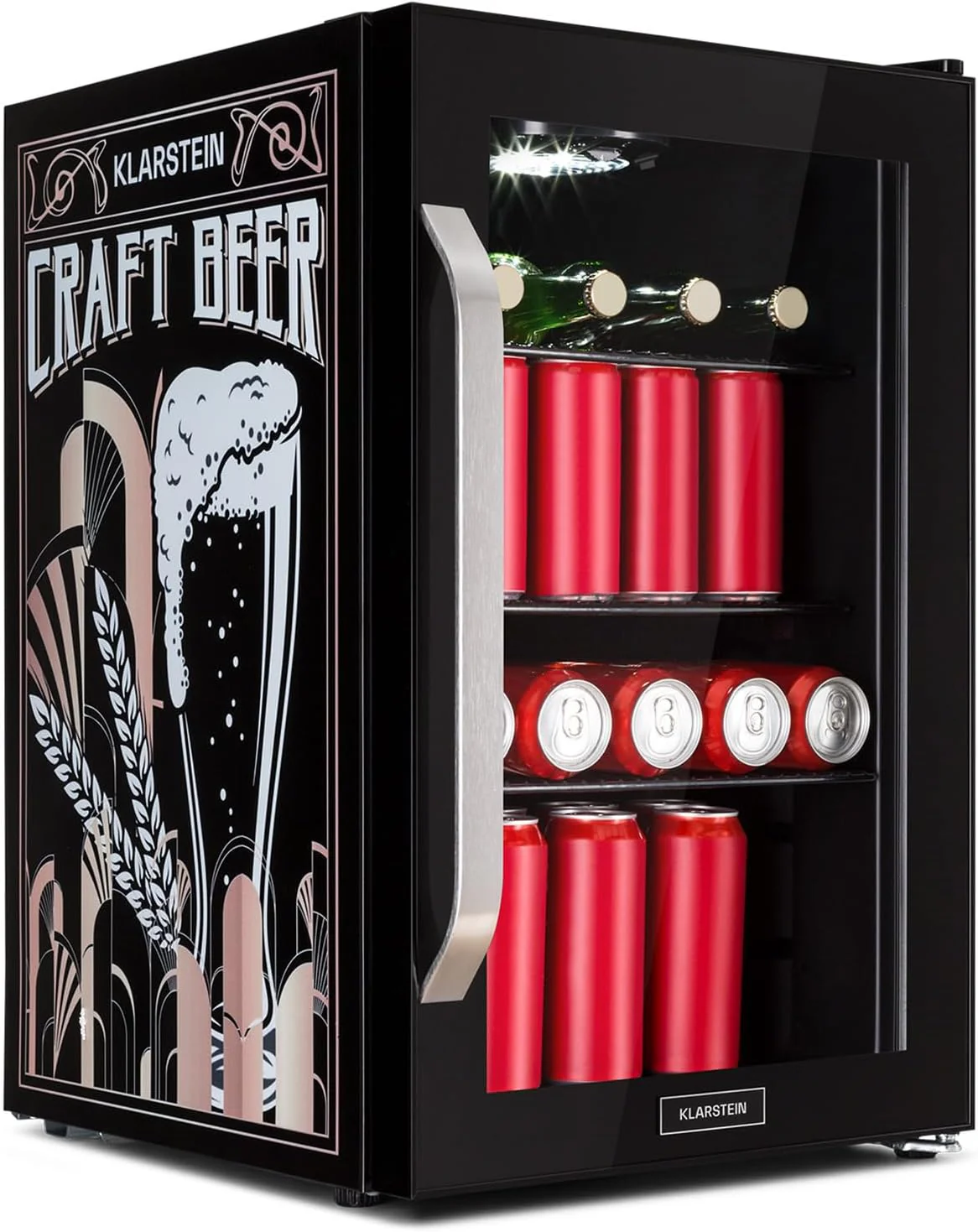 Klarstein Koelkast 70L, Kleine Koelkast met Uitneembare Planken, Stille Minikoelkast met Glazen Deur & LED, Drankkoelkast Klein, Geschikt voor Buiten, Bierkoelkast voor Flessen, 0-10��C