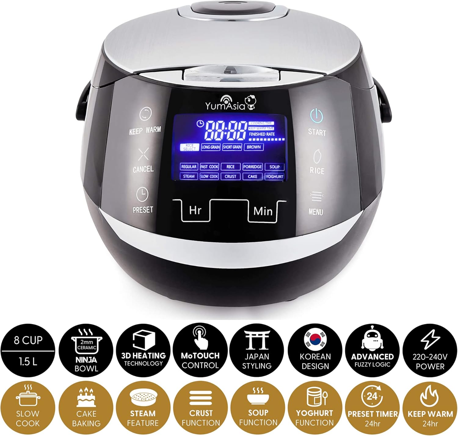 Yum Asia Sakura Reiskocher mit Keramikschale und Advanced Fuzzy Logic (8 Tassen, 1,5 Liter), 6 Reiskochfunktionen, 6 Multikocherfunktionen, Motouch LED-Display, 220-240V EU (schwarz und silber)