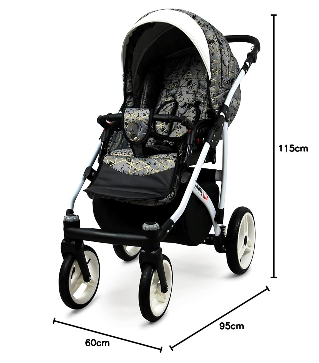 BabyLux® Bambimo Kinderwagen Set 3 in 1 - White Lux - incl. Babywanne, Buggy Sportsitz, Auto-Babyschale - Autositz - Kinderwagenset - Kombikinderwagen mit Wickeltasche, Regenschutz usw.