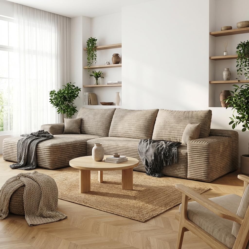 135 Oversized Compressed Sectional Sofa - 33D High-Density Foam Cloud Couch with Deep Seat - Minimalist 3-Piece Corduroy Upholstered Boneless Modular Lounge Couch | Breathable material. Full Foam. Anti-slip