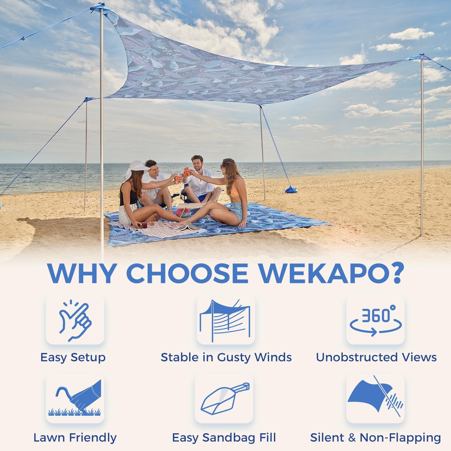 WEKAPO Strandzelt, Sonnenschutz, einfach aufzubauen, Strandüberdachung mit 4 stabilen Stangen, großen Sandsäcken und Schaufel, 2,3 m hoch, winddichter Sonnenschutz für Garten und Camping, UPF 50+