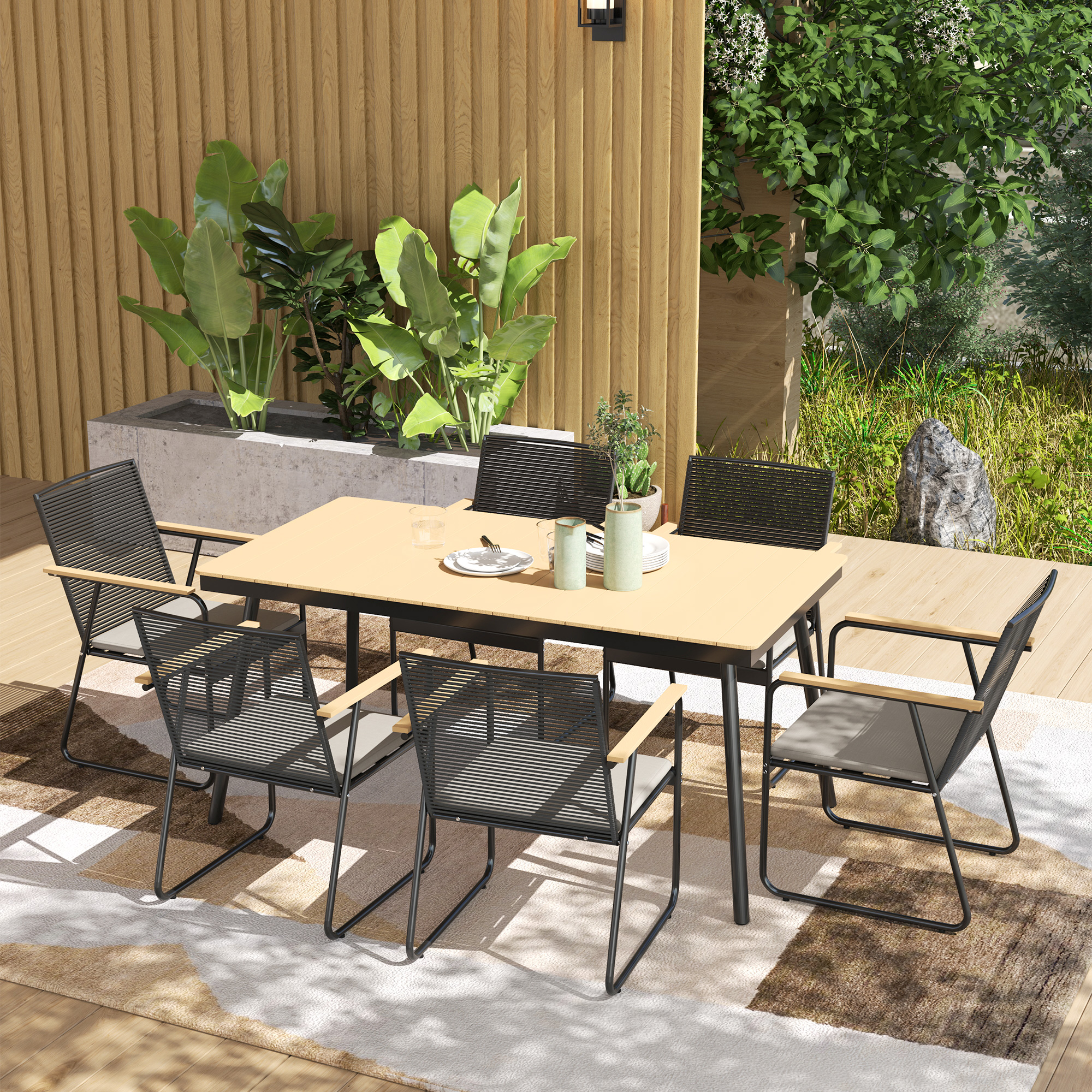 7-delige Tuinset voor 6 Personen - Eettafel met Stoelen in Natuurhout/Zwart