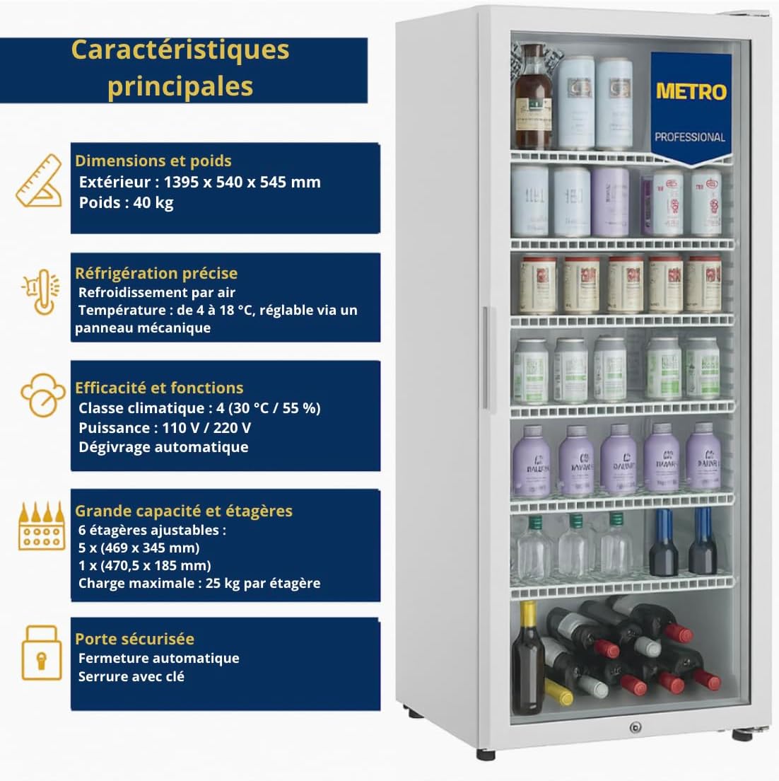 METRO Professional Réfrigérateur à Boissons GSC4240, 237 L, 54 x 54.5 x 139.5 cm, Métal/Plastique/Verre, Refroidissement Statique, 110 W, Blanc