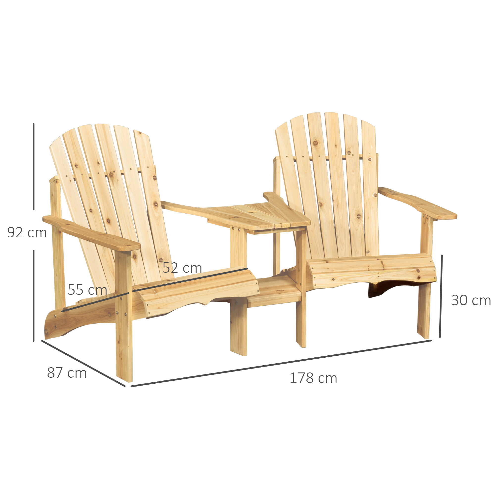 2 tuinstoelen met bijzettafel naturel dennenhout 178 x 87 x 92 cm