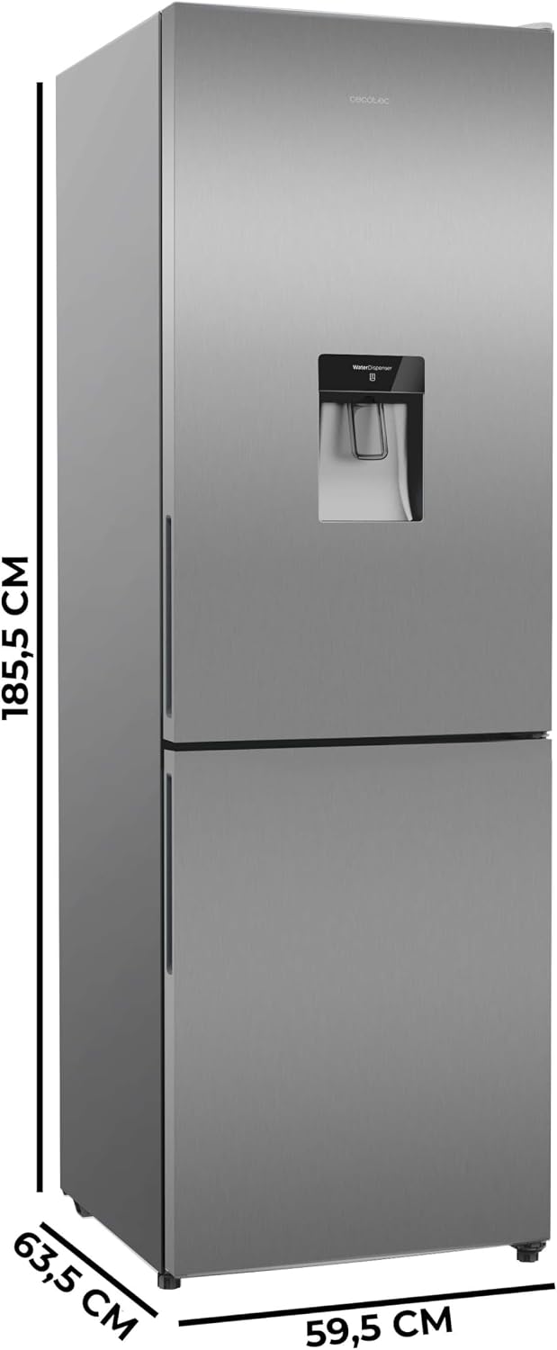 Cecotec Réfrigérateur Combi avec Distributeur d'Eau 322L Bolero CoolMarket Combi 322i WD Inox D. 185,5cm de Hauteur, 59,5cm de Largeur, Technologie Multi Airflow, HumidityFlex HUB, Éclairage LED