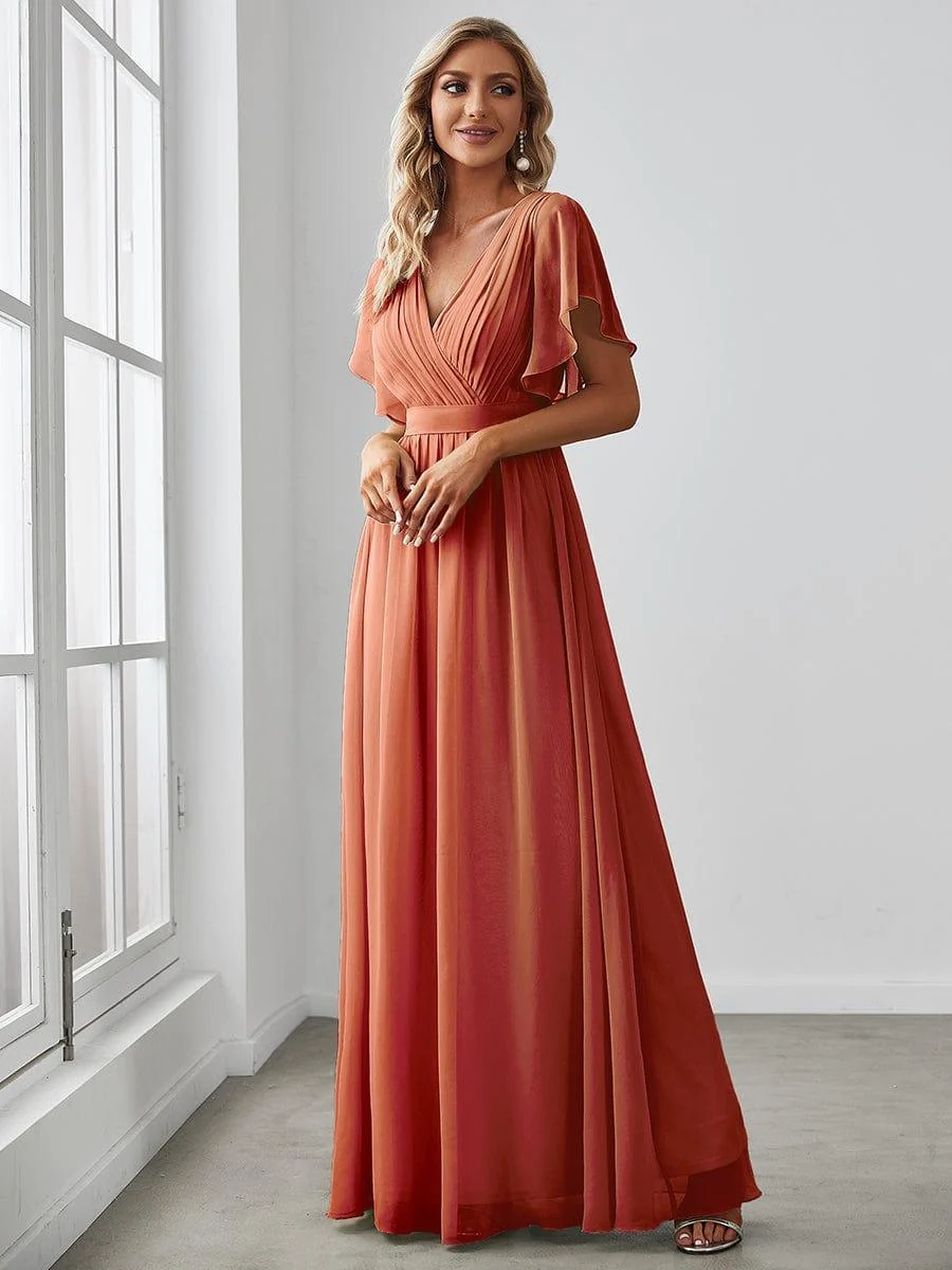 Abendkleid Damen Maxi A-Linie aus Chiffon | Festliches Kleid f��r Hochzeitsg?ste mit V-Ausschnitt und Fl��gel?rmeln