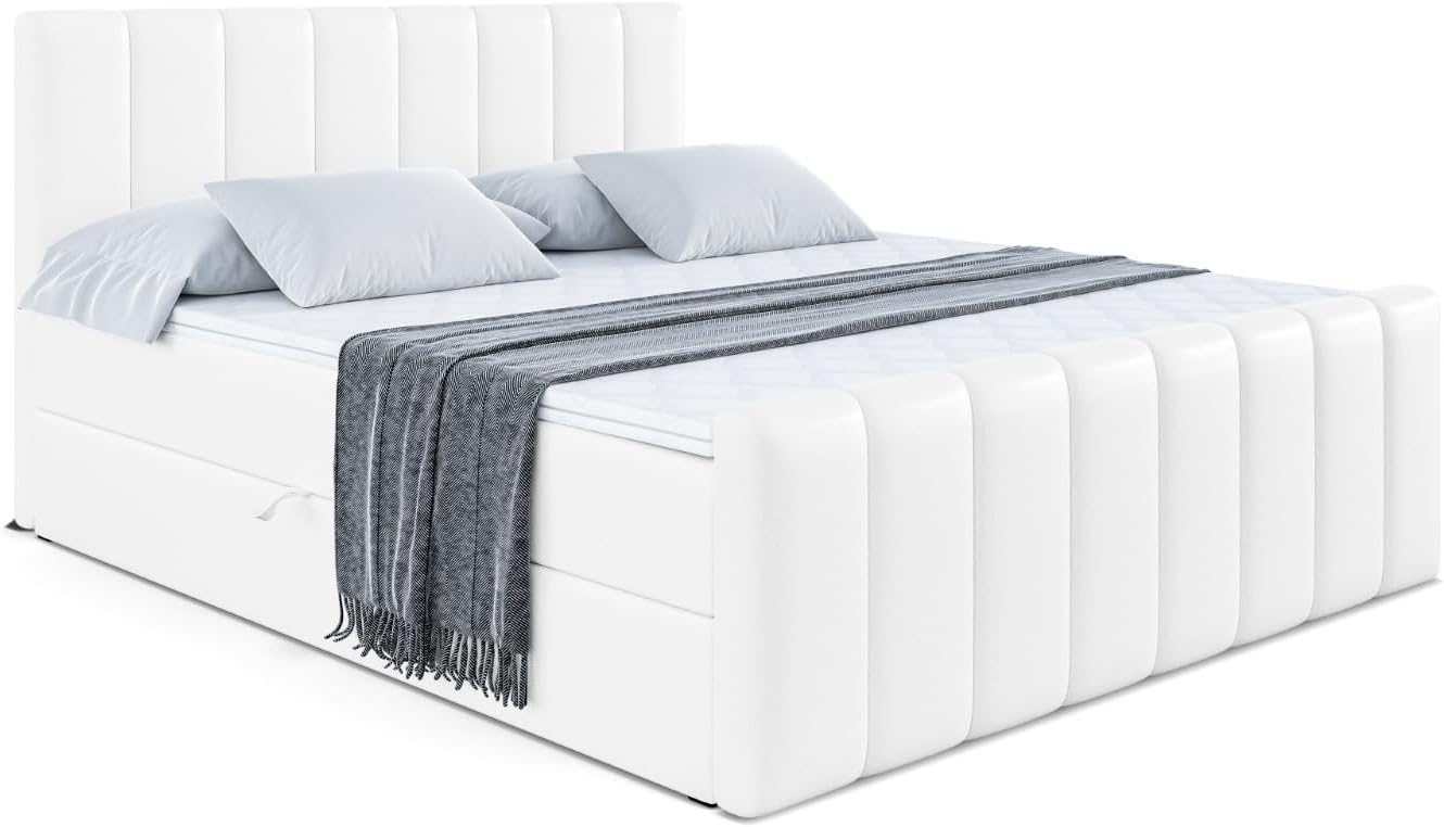 ALTDECOR Boxspringbett mit Matratze und Lattenrost, Boxbett, Topper, Fußteil, Polsterbett mit Bettkasten, Bett mit Stauraum H4-Matratze, Doppelbett, Springboxbett - OTTA-Z - 180x200 - Weiß Kunstleder