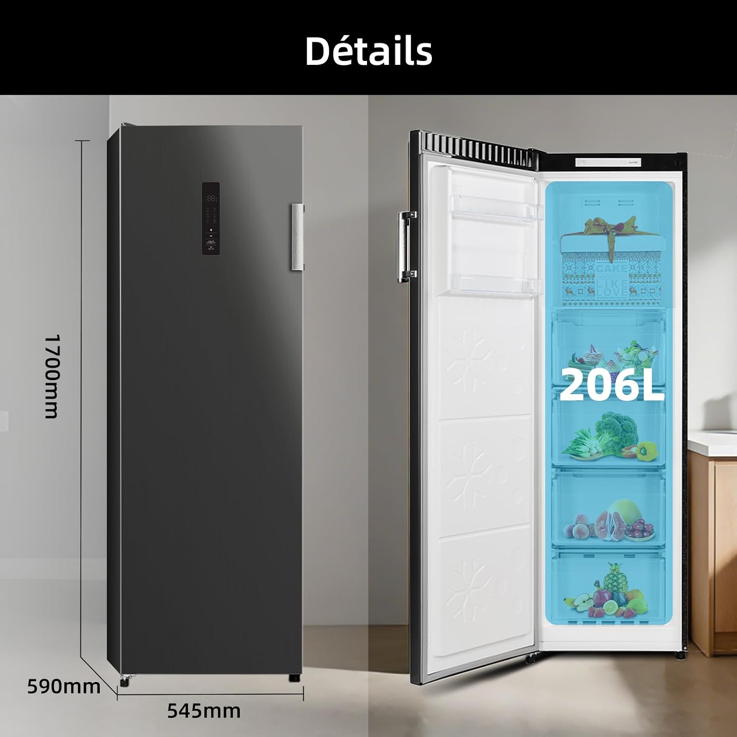 CHiQ Congélateur Armoire 206L No Frost Inverter Noir (CSD206NEID) | Multi Air Flow, Ultra-Bas -32°C, Silencieux 39dB, Réfrigérateur Congélateur Commutable, Hauteur 1705mm