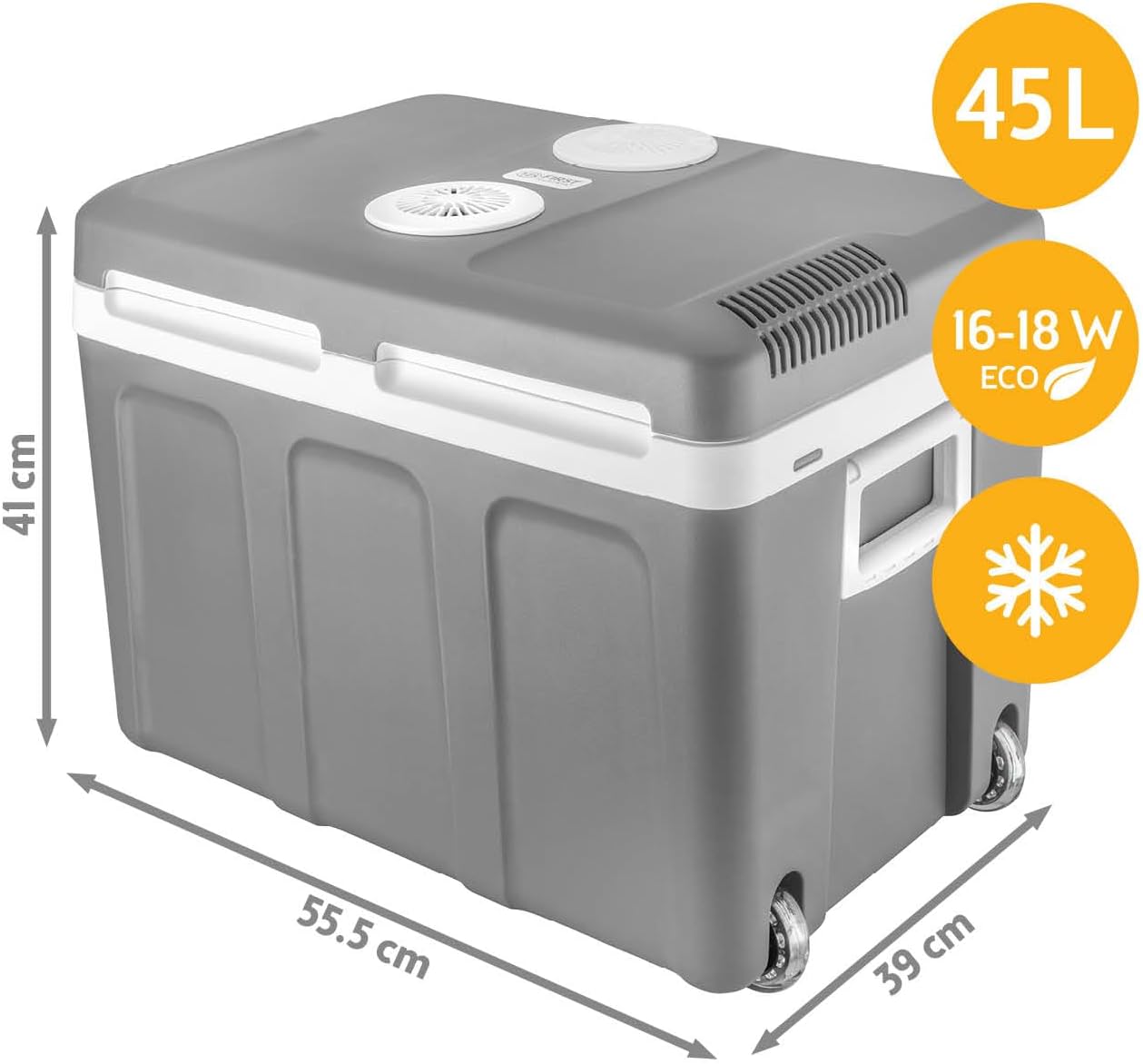 TZS First Austria - Kühlbox 45L elektrisch 12V 230V Anschluss für Auto & Steckdose - Thermoelektrische Cool Box kühlt & wärmt - Mini Kühlschrank mit Rollen - Für Camping, Festivals, Reisen - Grau