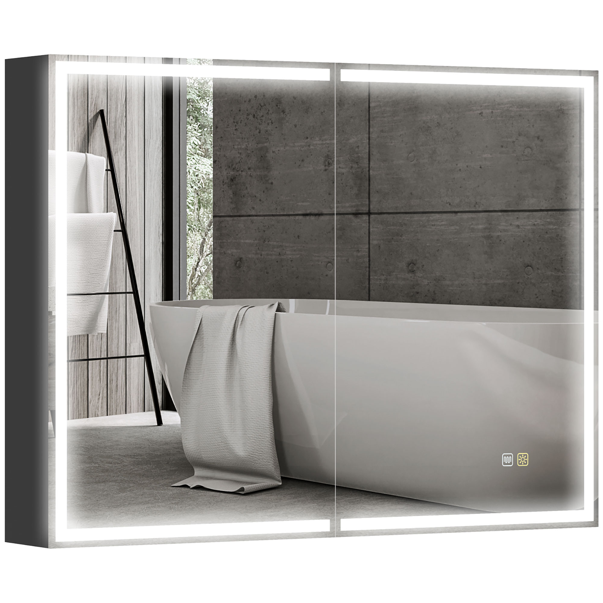 Badkamerspiegel met Kast en LED-Verlichting, 600x800 mm, Zwart, Anti-Condens Pad, Drie Kleurtemperaturen