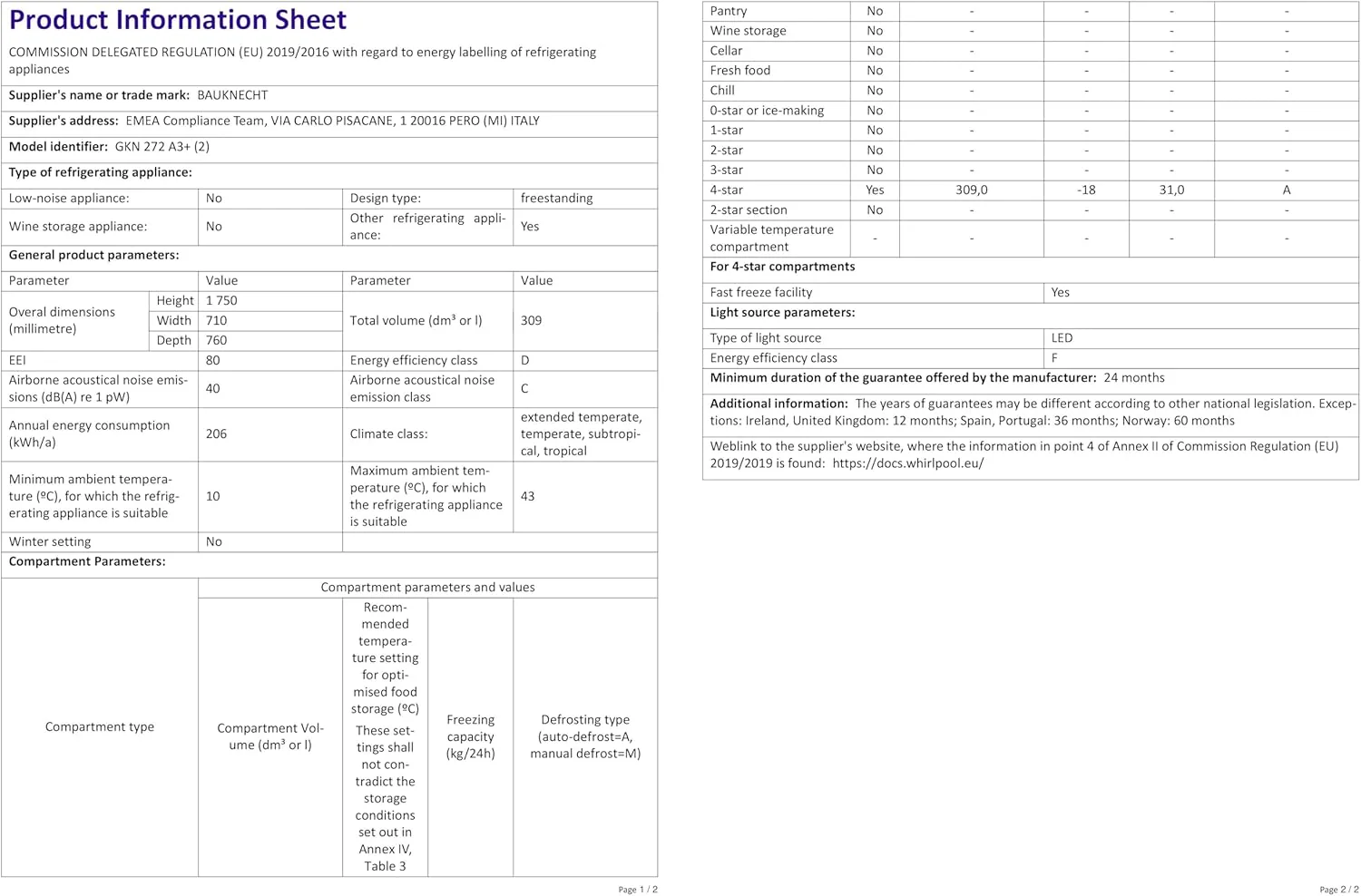 Bauknecht GKN 272 A3+ Gefrierschrank / 309 L Gesamtnutzinhalt / NoFrost / EasyOpen Ventil / Innenbeleuchtung / Elektronische Steuerung mit innenliegendem Bedienfeld, Wei?