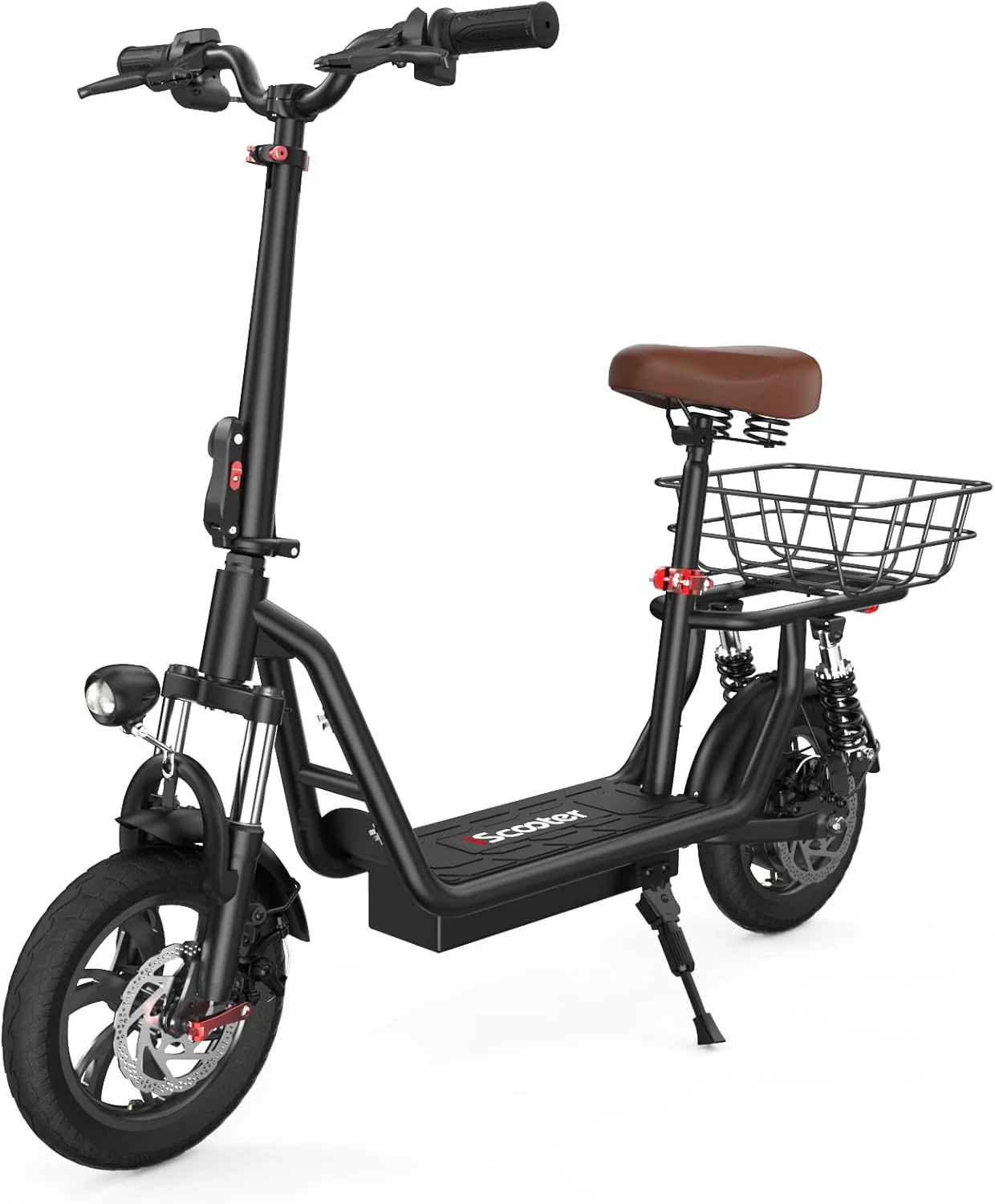 iScooter electric scooter with seat, 37/21 mile range, 28/19/15.6 mph top speed, dual suspension scooter with basket