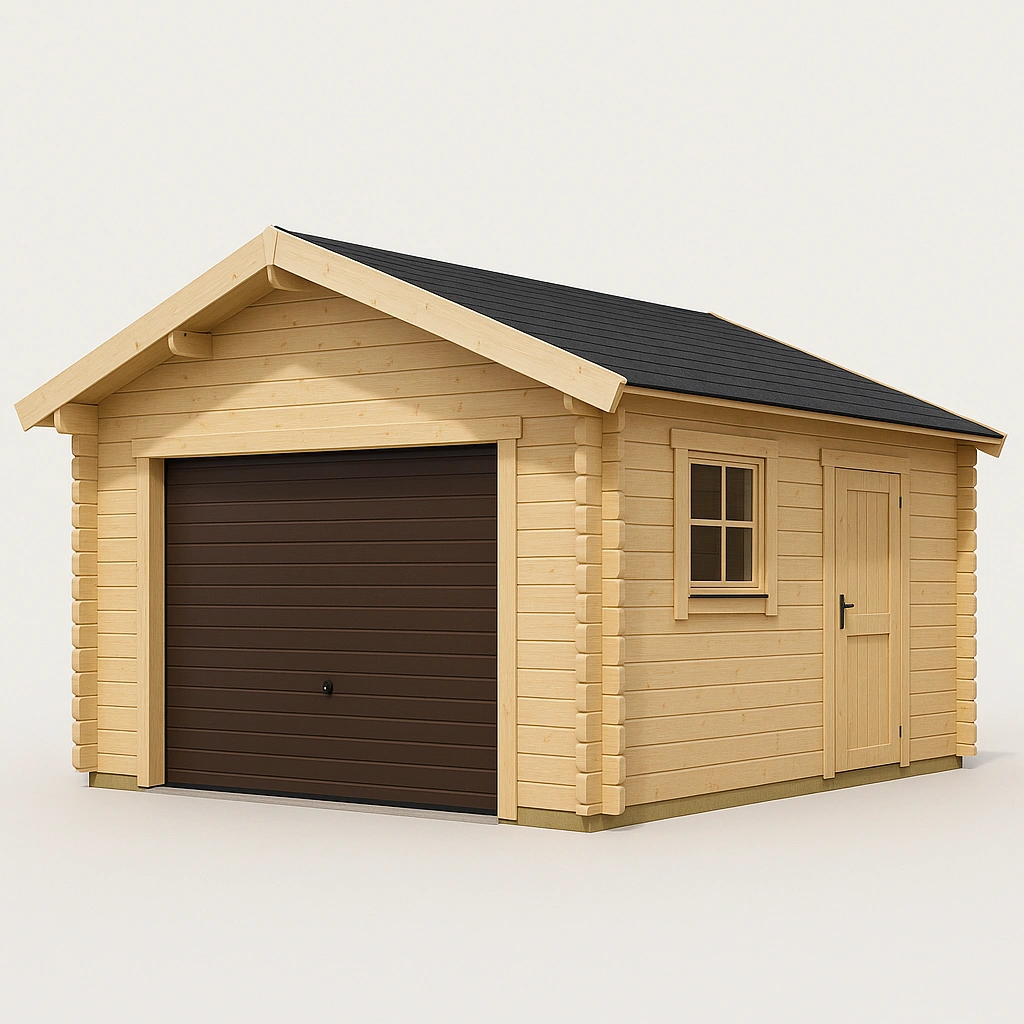 Trgarage med dr og vindue i naturlig trfarve 5x3x2,5m