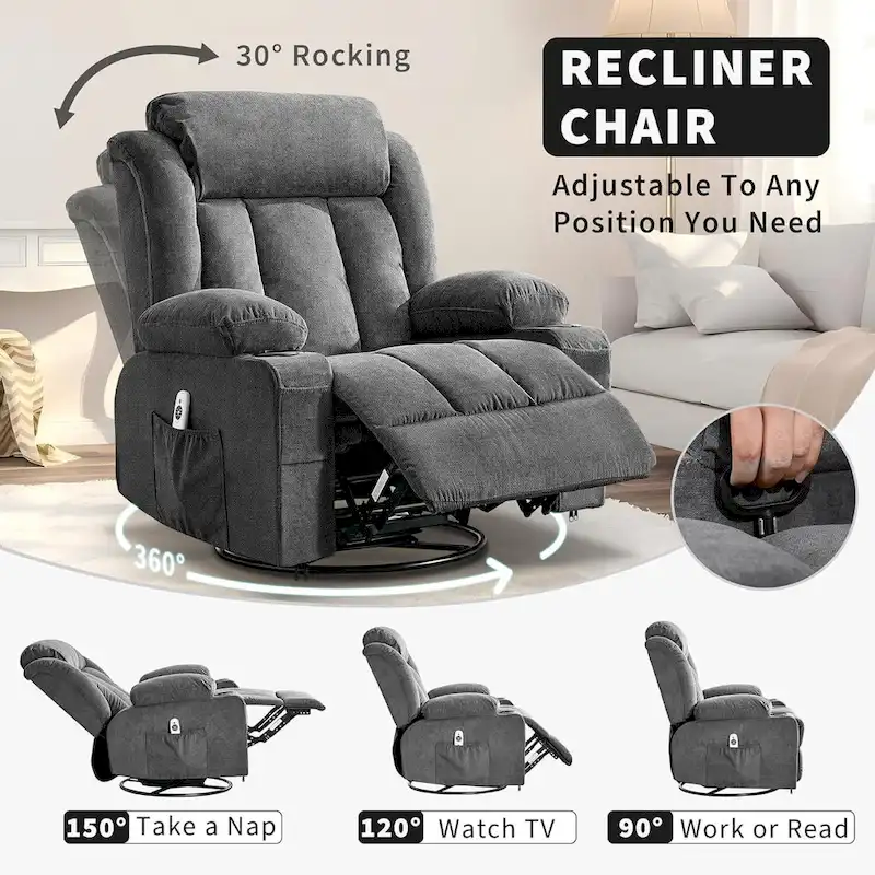 Recliner Chair, Rocking Chairs with Massage and Heat, Side Pockets and Cup Holder