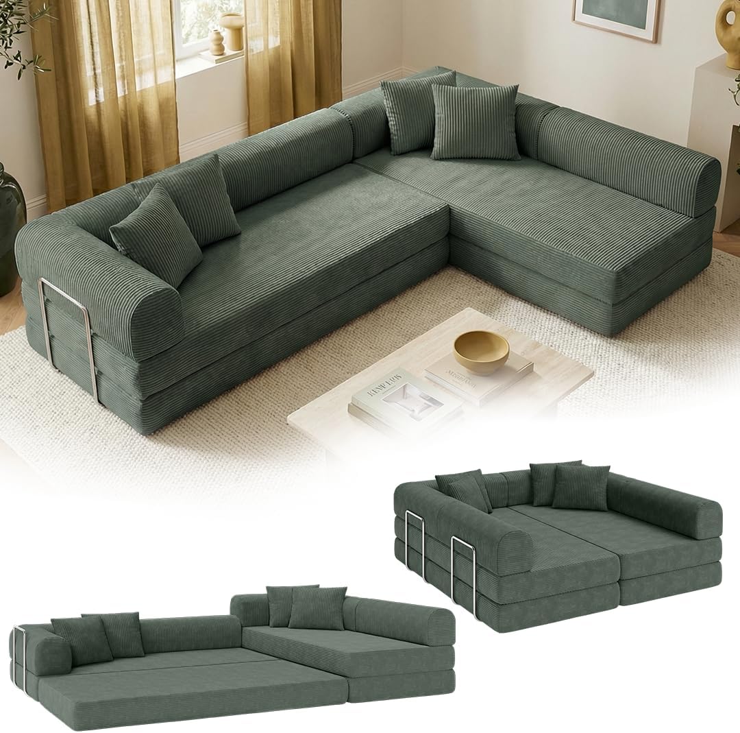 skølm Lofn Ecksofa 4 Sitzer – Wohnlandschaft L-Form Cord – Klappsofa 300cm breit Dunkelgrün – ausklappbar zum Schlafsofa, Bodensofa – Vollschaum Sofa mit 4 Kissen & Stahlgestell – Cloud Couch boneless | ohne Aufbau