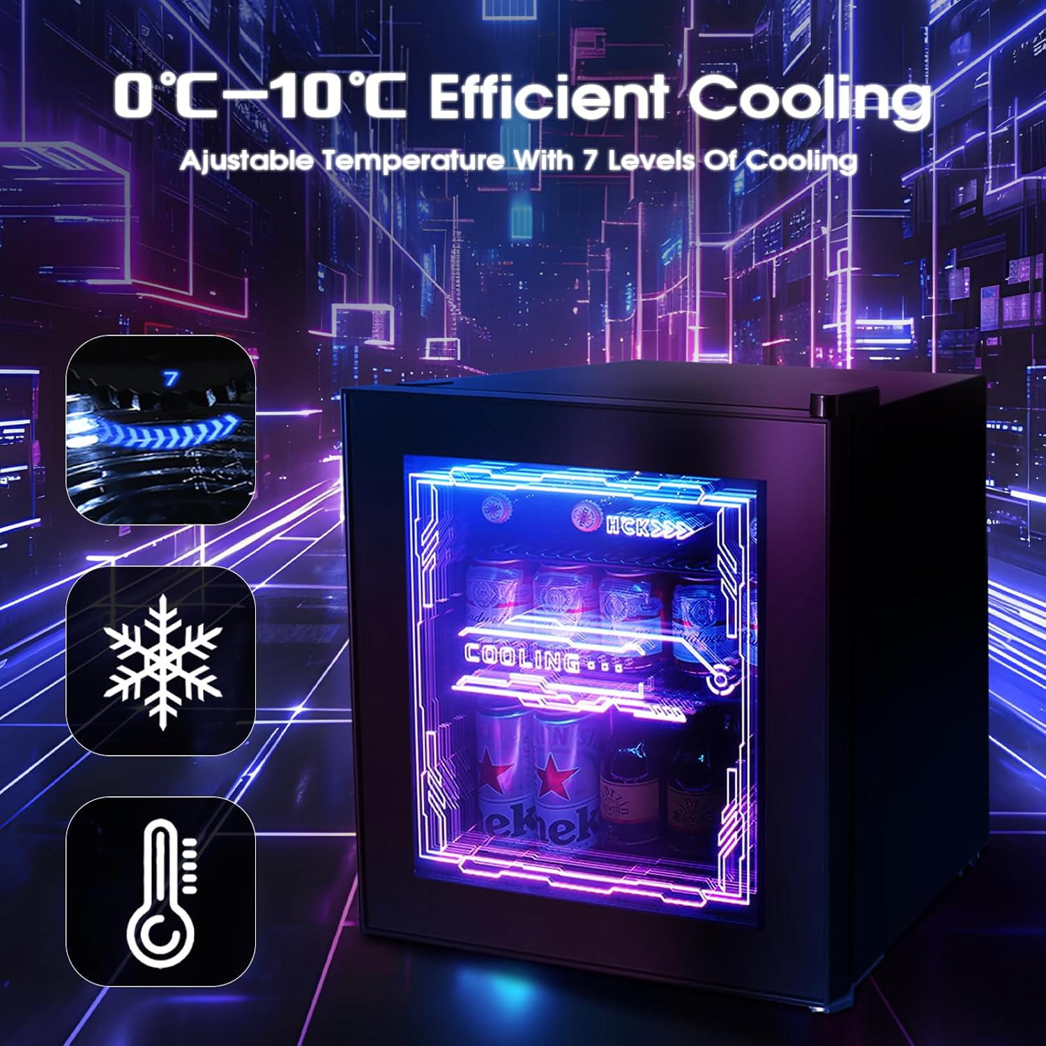 HCK Mini Kühlschrank 48L, Getränkekühlschrank mit Glastür und LED Beleuchtung, Cyberpunk Design, leise 39dB, 0-10℃ Bierkühlschrank für Gaming Room, Party, Bar, Schwarz