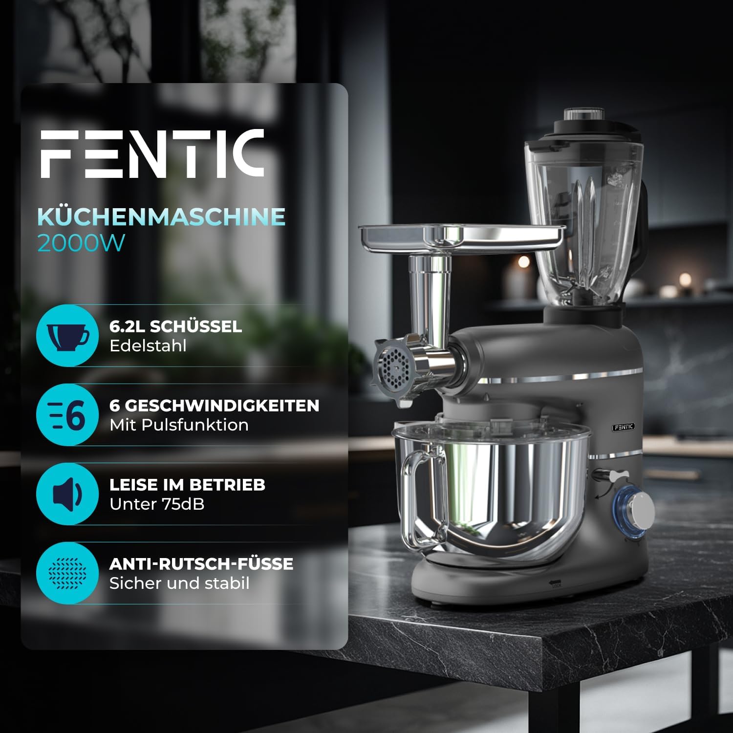 6-in-1 Küchenmaschine – 2000W – Mit Fleischwolf, 1,5L Entsafter, Gemüseschneider und Mehr – Knetmaschine mit 6,2L Rührschüssel, Rührhaken, Knethaken, Schlagbesen und Spritzschutz (Anthrazit)
