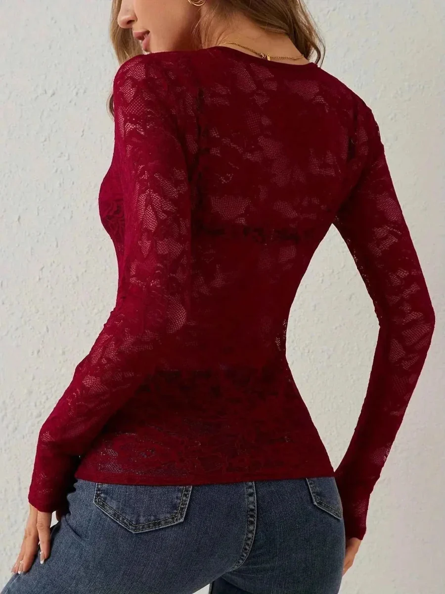Transparentes Spitzen Langarm Top f��r Damen mit Herz Ausschnitt