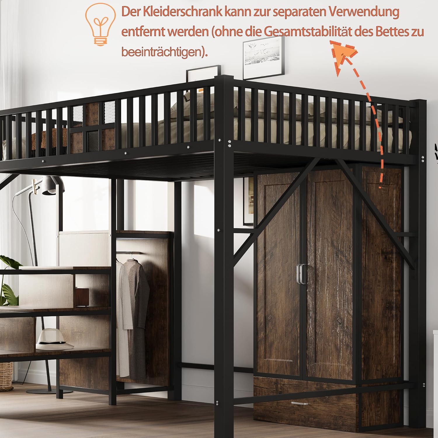 Merax Hochbett aus Metall, 140 x 200 cm, mit Drahtgitter, integriertem Schrank, Schubladen und Aufbewahrungsleiter, platzsparendes Kinderbett, modern und robust, schwarz (ohne Matratze)