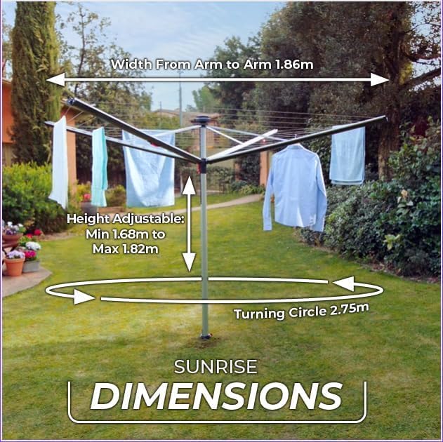 Vileda Sun-Rise Premium Wäschespinne -50m Leinenlänge|Kompakte & stabile Wäschespinne für Garten & Terrasse|Patentiertes Spannsystem, wetterfest & platzsparend, Höhe 1,67–1,82m | Eco-Verpackung