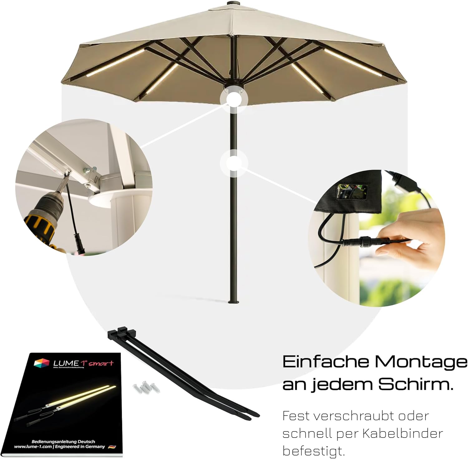 Lume1 Sonnenschirmbeleuchtung mit Fernbedienung, Lampen für Gastronomie, 4 LED Leisten, warmweiß mit 1000 Lumen, 2700 Kelvin, angenehme Beleuchtung, Akku enthalten (smart 4er Set Mo2026)