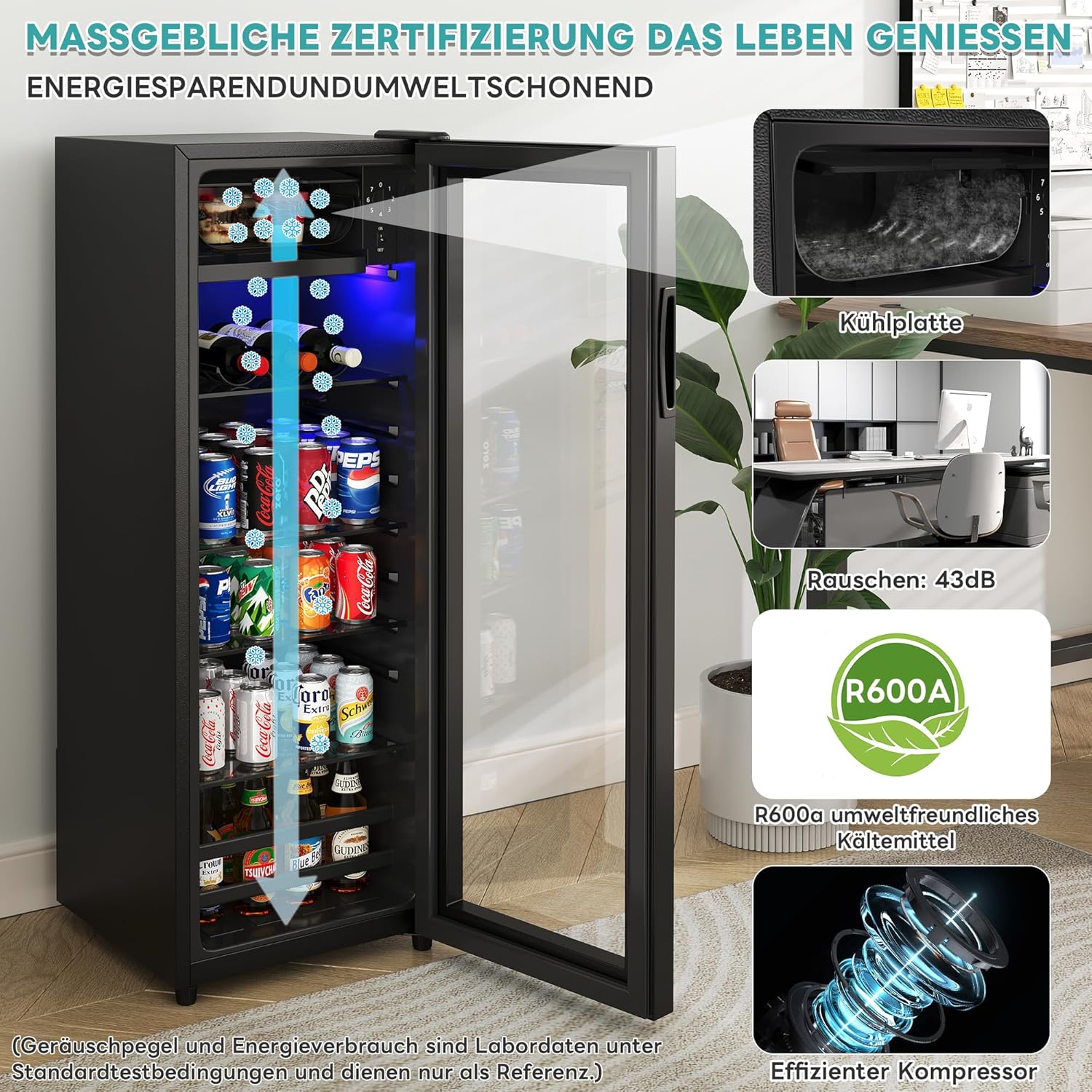 Merax Kühlschrank 128L, Freistehend Getränkekühler mit 120L-Kühlschrank + 8L-Gefrierschrank, mit LED-Innenbeleuchtung und Verstellbare Einlegeböden, Superleise für Restaurant, Bar, Getränke und Bier