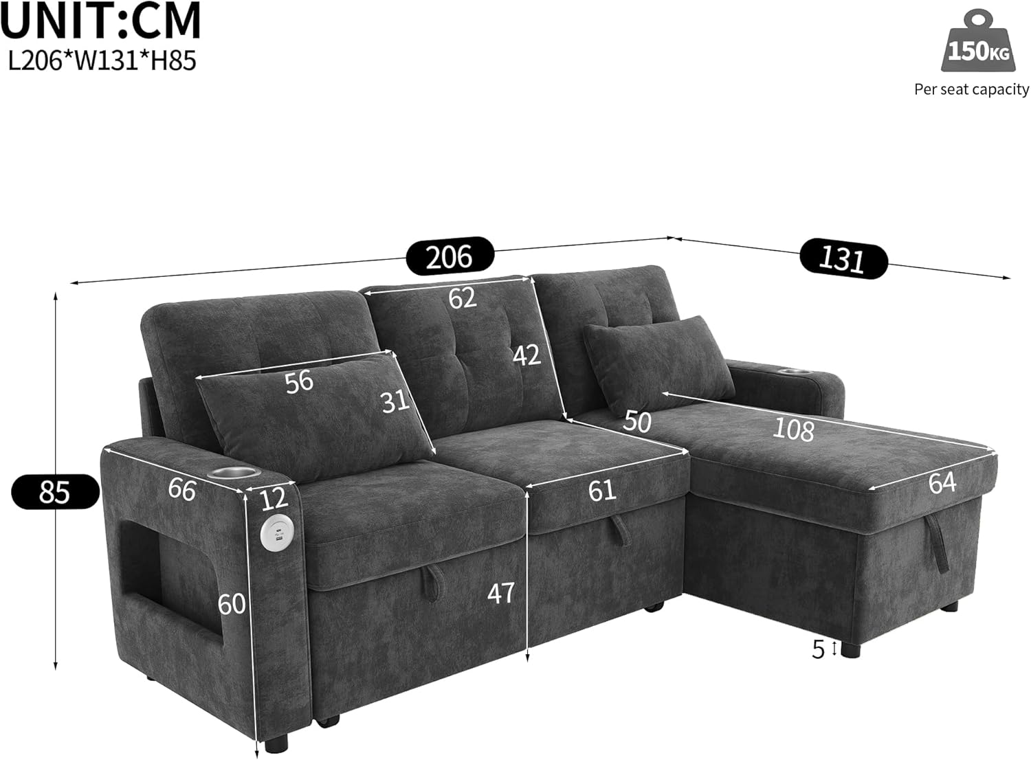 Merax Sofa Ecksofa mit Schlaffunktion und Bettkasten, Praktisches Schlafsofa mit Stauraum, LED-Beleuchtung, USB/Typ-C und 2 Getränkehalter, Ausziehbares Schlafcouch L-Form, Chenille Stoff, Grau