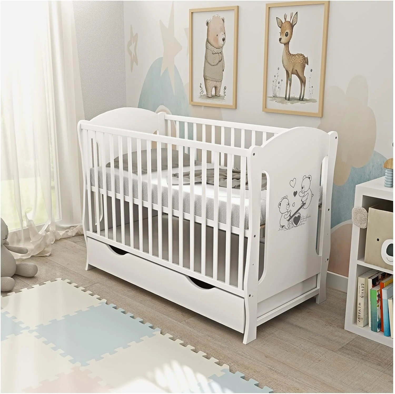Baby Delux Babybed 60x120 wit Kinderbed ombouwbaar naar juniorbed Lade Matras Teddy Wip Motief