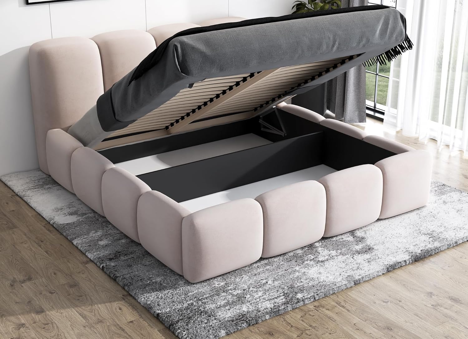 A&J MöbelLand Polsterbett 180x200 mit Bettkasten und Lattenrost – Sonic, Bett mit Matratze und Stauraum in Dunkelgrau
