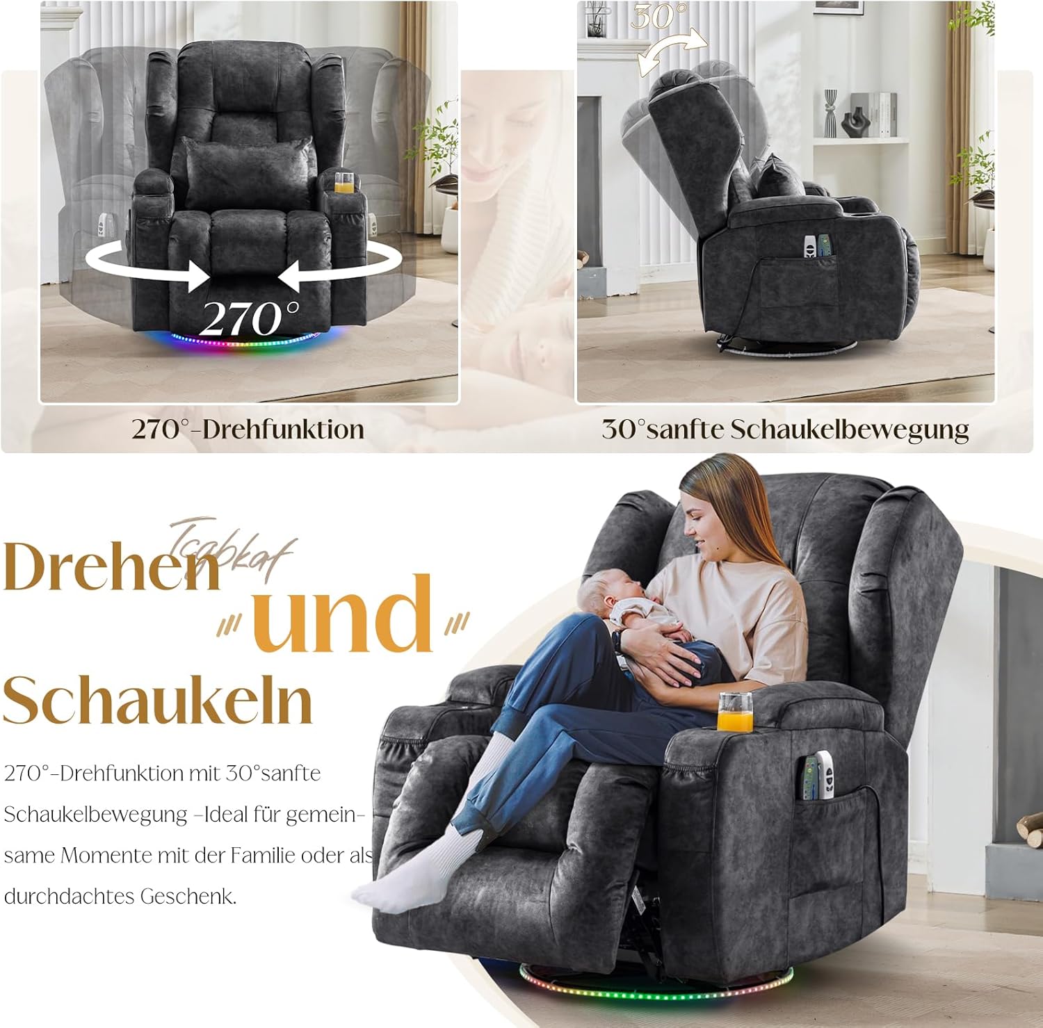 Elektrischer Fernsehsessel Relaxsessel mit Liegefunktion,240°Drehsessel Kinosessel Massagesessel mit Wärmefunktion,TV Sessel Liegesessel fürs Wohnzimmer bis 150kg (Samtstoff, Grau)