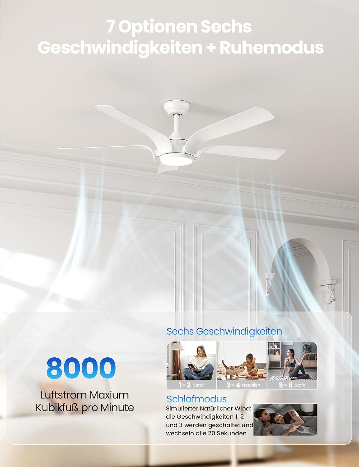 CJOY Deckenventilator mit Beleuchtung,142cm Weiß Deckenventilator mit Fernbedienung Leise, 6 Geschwindigkeiten, 3 CCT Dimmbar, Reversible 5 Flügel, Timer, Schlafmodus, Für Schlafzimmer/Wohnzimmer