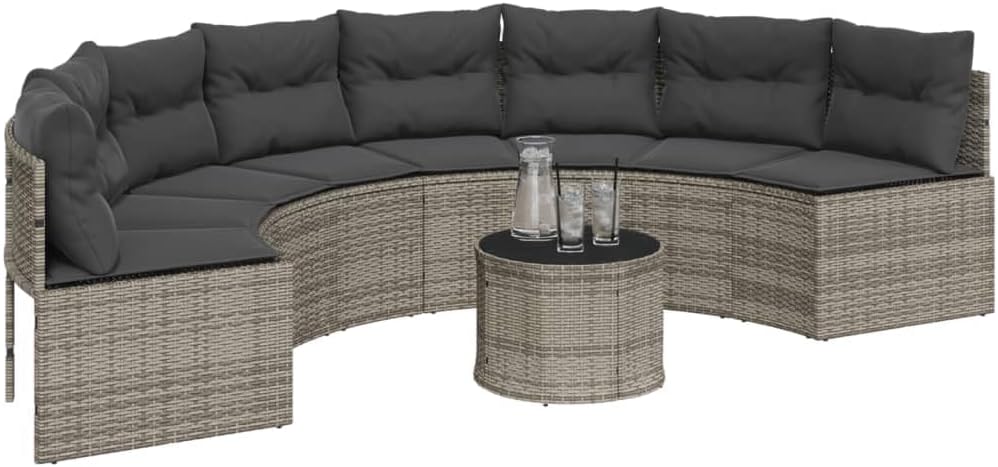 Gartensofa Halbrund Grau Poly Rattan mit Kissen Set für Garten Terrasse Poolbereich, Bequemes Outdoor Sofa aus PE Rattan mit Abnehmbaren Bezügen und Stabilem Stahlrahmen,