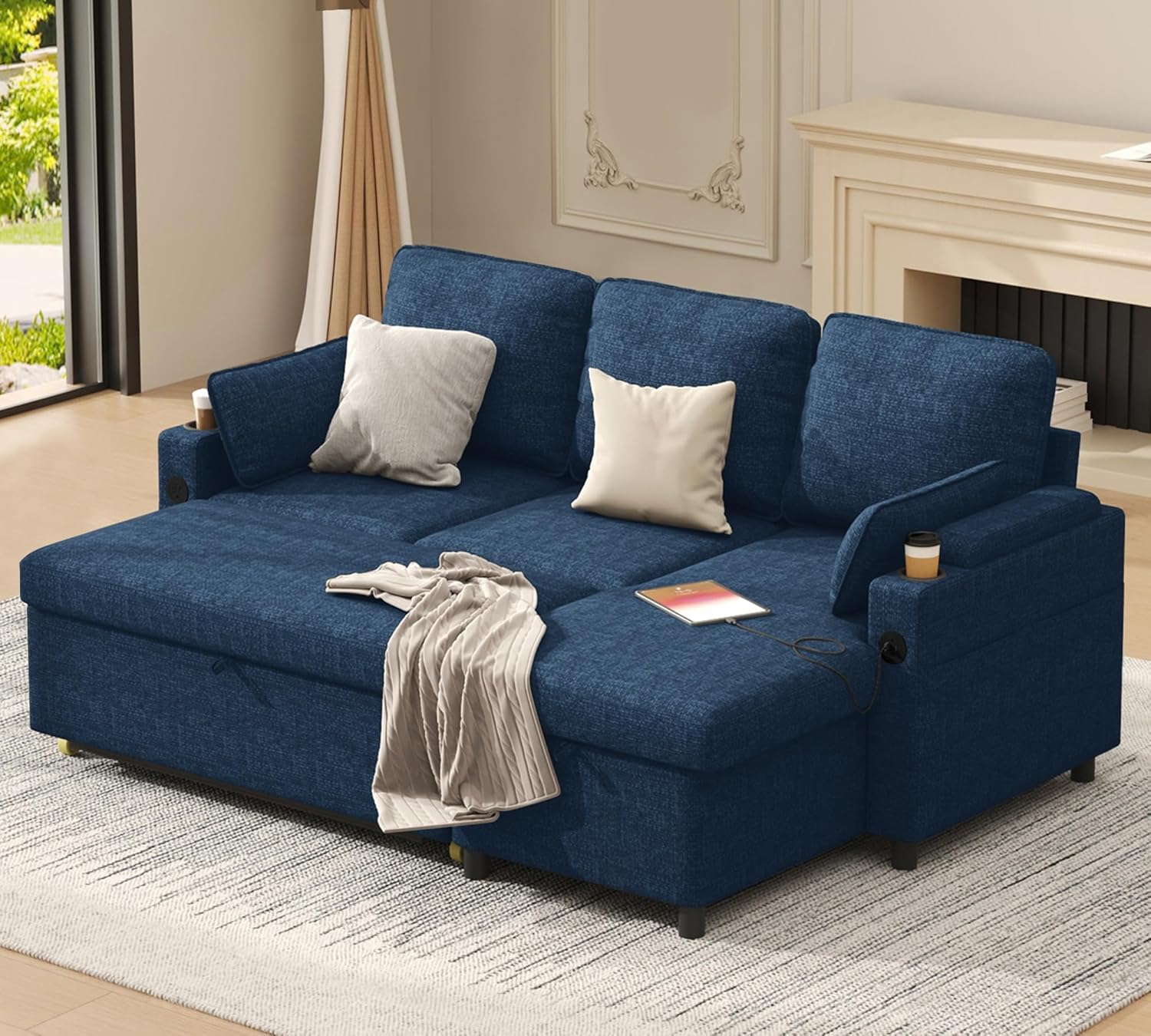 DURASPACE Schlafsofa Ausziehbare Schlafcouch 2-in-1-Wandelbares Ecksofa mit Stauraum, L-förmiges Ecksofa für kleine Räume, Wohnzimmer, Wohnung (Blau)