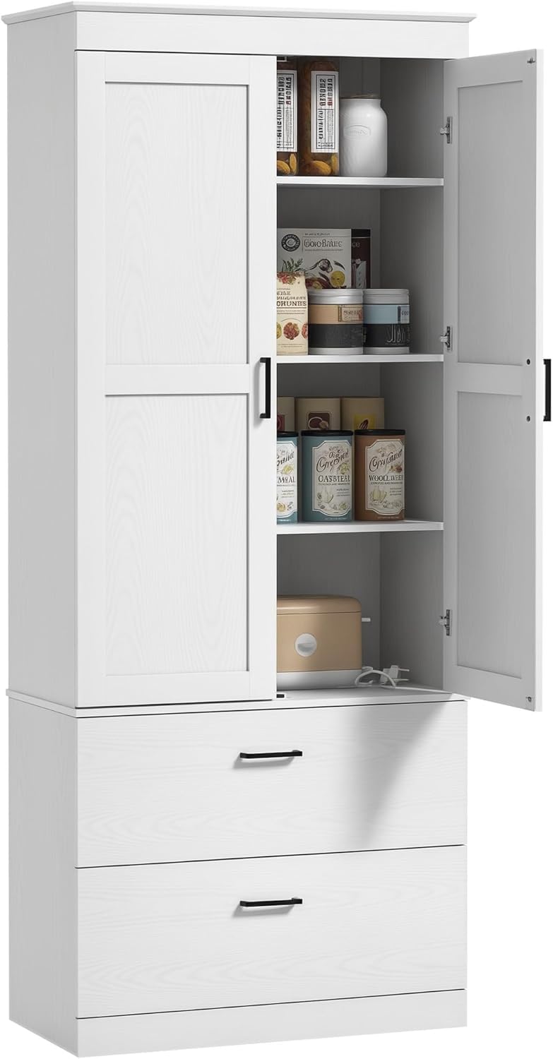 HOMCOM Küchenschrank, Hochschrank mit verstellbaren Regal, Schublade, Buffetschrank Aufbewahrungsschrank mit Landhaus-Stil Vitrinenschrank für Esszimmer Küche 75x39x178 cm Weiß
