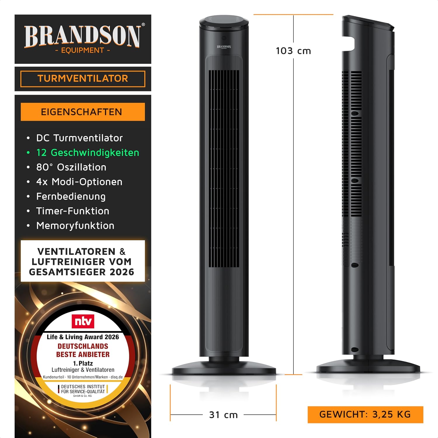 Brandson - Turmventilator – sehr leise - Schlaf Modus – Sieger Ventilatoren und Luftkühler 2026-12 Geschwindigkeitsstufen – Oszillation – mit Fernbedienung - Schwarz