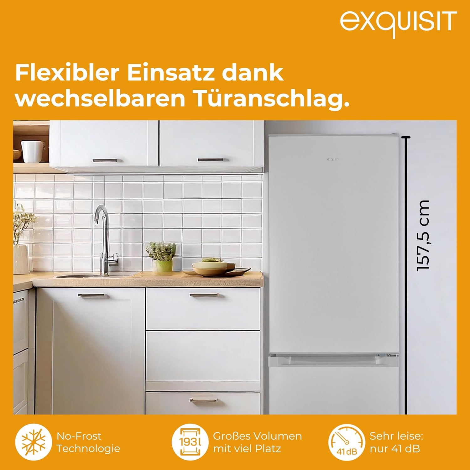 Exquisit Kühl-Gefrierkombination No Frost | 193 l, No Frost Kühlschrank, Energieklasse E, 41 dB, LED, 160 x 51 x 61 cm | KGC5195-65-NF-330E silber