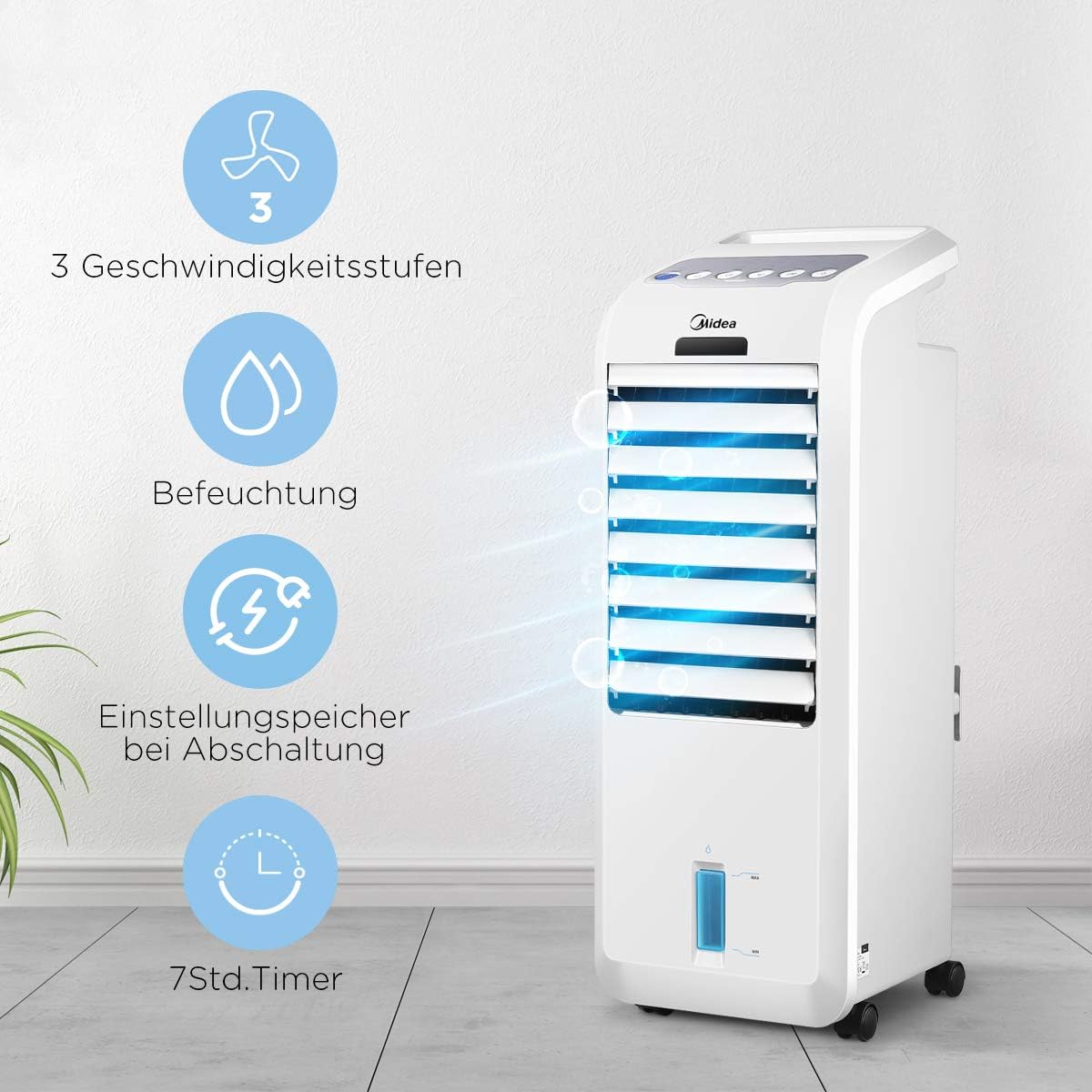 Midea Luftkühler mit Wasserkühlung, Klimaanlage Mobil, Ventilator mit 5L Wasserkühlung, Luftbefeuchter und Ionisation, Klimaanlage Ohne Abluftschlauch, 355m³/h, Ventilator mit Fernbedienung,55W,Weiß