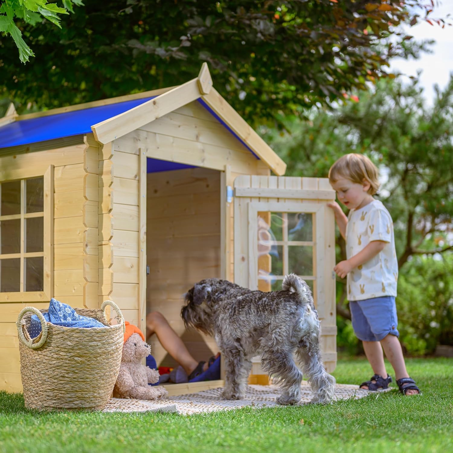 Timbela M570M-1 Kinderspielhaus aus Holz -Spielhaus im Freien für Kinder - 111x113xH121 cm/0.9 m2 Gartenspielhaus - Garten-Sommerhaus für Kinder (Die Dachfarbe ist blau)