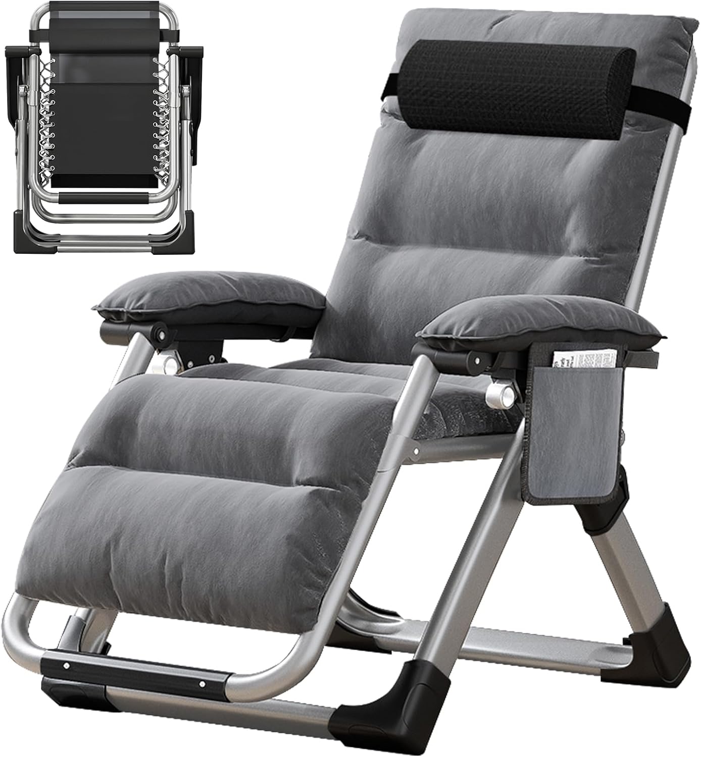 MOPHOTO Silla de Gravedad Cero, Silla reclinable Plegable de 200 kg con Almohadilla y Bolsillo Lateral, Siesta, Sala de Estar, balcón, jardín, Patio(Gris)