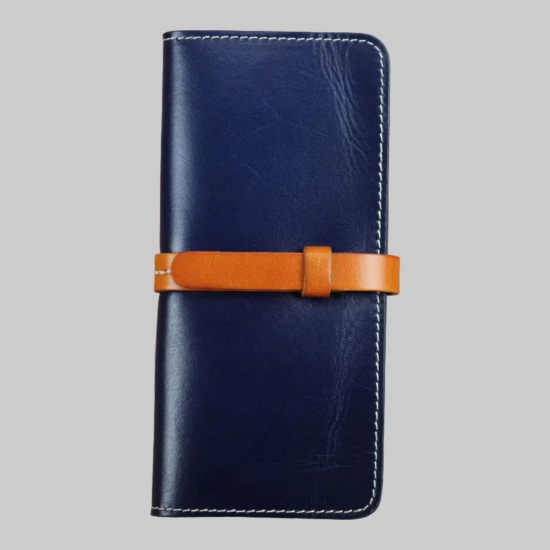 Handmade Full Grain Leather Long Wallet with Strap Bifold Card Clutch Bag