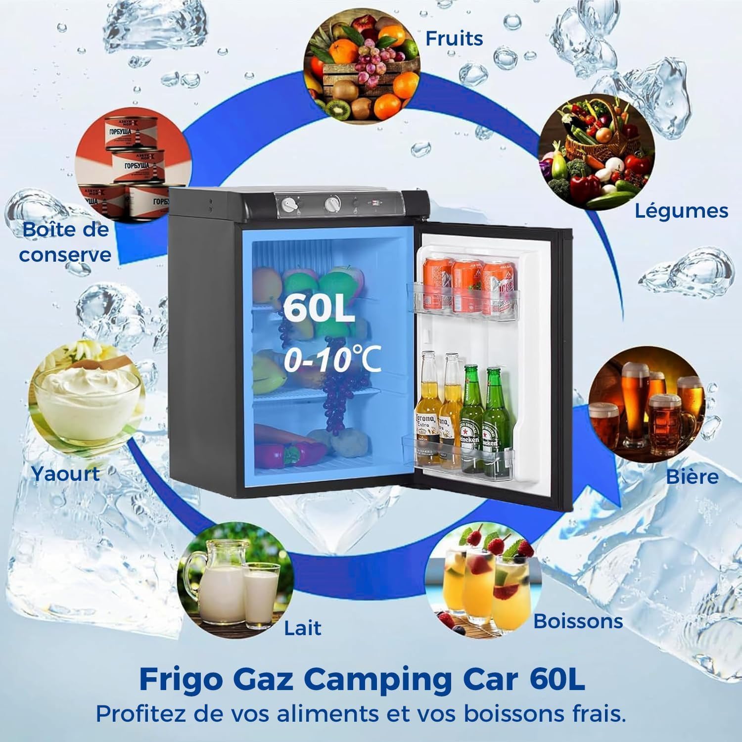 Smad Frigo Trimixte 12V 220V Gaz, 60L, Frigo Camping Gaz, Réfrigérateur Silencieux pour Caravane Camping-car Fourgon Van Mobile-home Chalet, Noir
