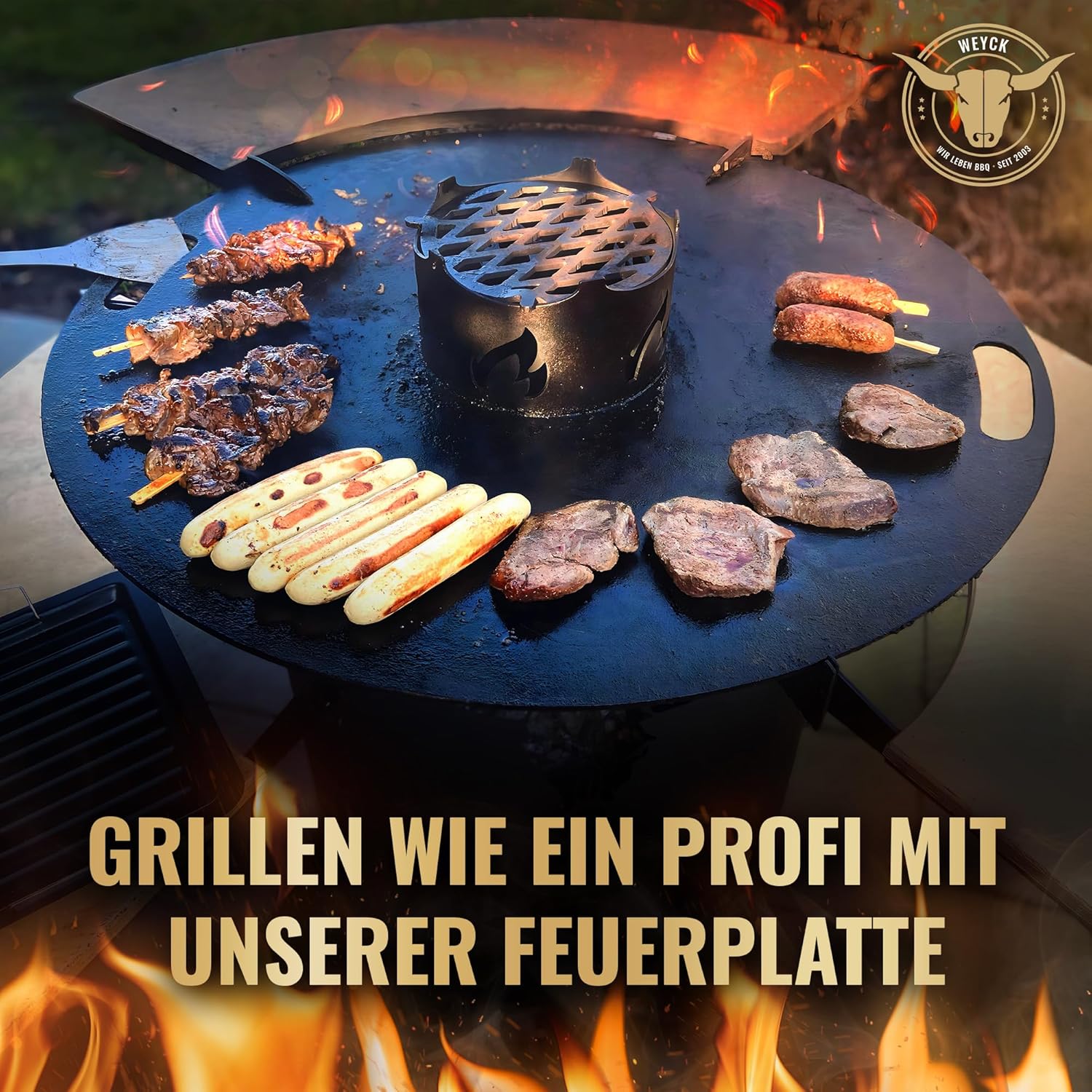 Feuerplatte für Kugelgrill Handgriffe 90 cm, 5 mm Stärke #921 – INKL. Grilleinsatz, Grillplatte für Feuertonne & Feuerschale, Massive Stahlplatte Plancha Grillring für BBQ & Teppanyaki