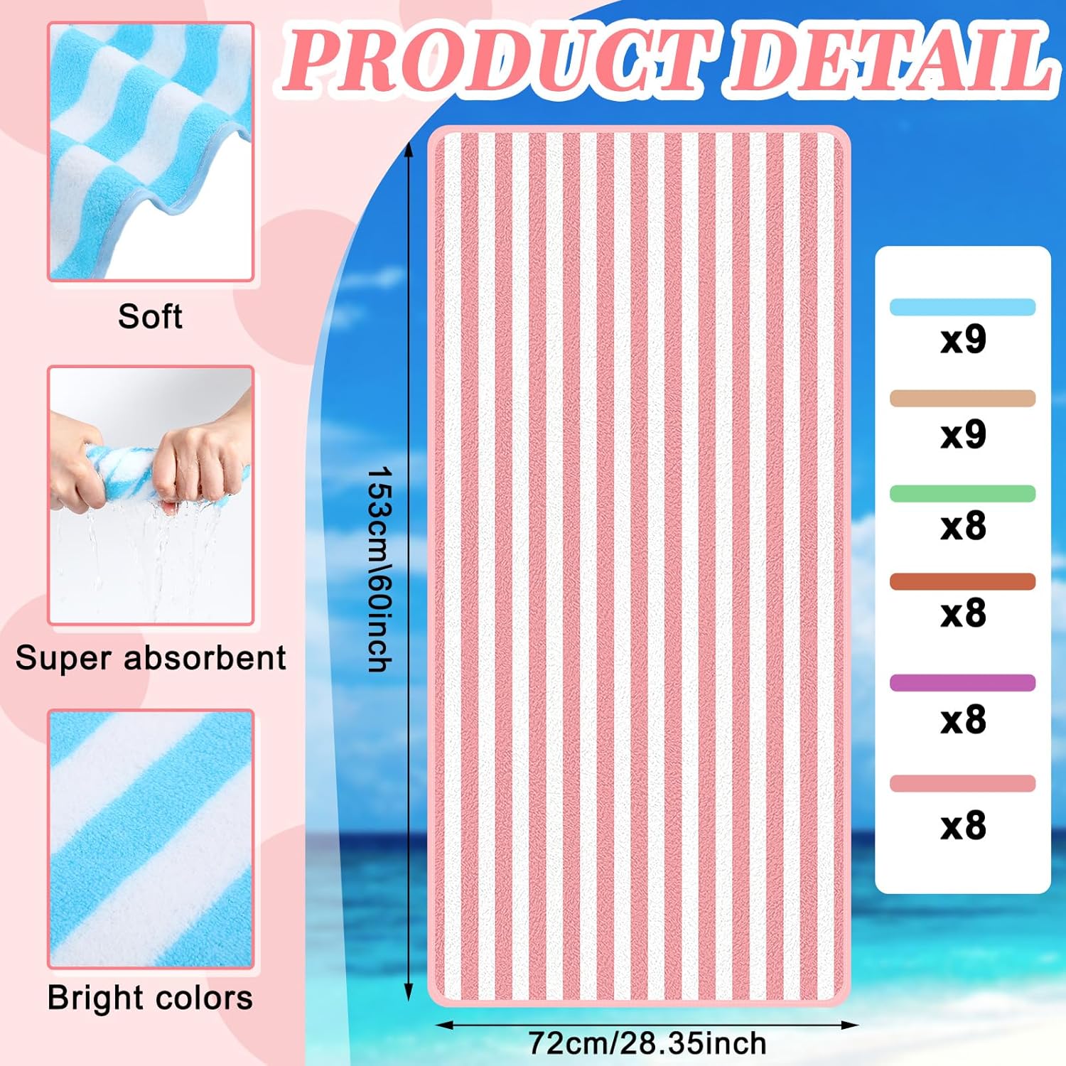 Preboun 50 Stück gestreifte Strandtücher Bulk gestreift Pool Handtuch Strand Bad Übergroß schnell trocknend bunt gestreift Strandtuch Schwimmen Sommer 71,1 x 152,4 cm