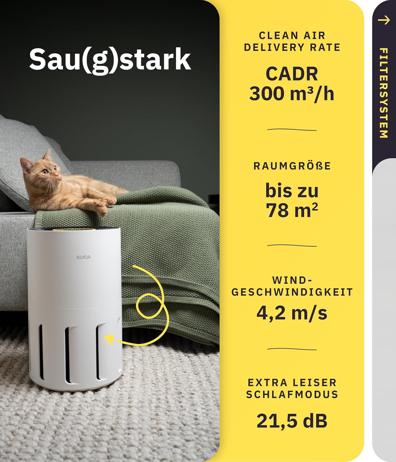 Klyqa Luftreiniger Allergiker 360° HEPA-Filter Pet entfernt 99,99% der Tierhaare, Staub & Pollen I 300 CADR I 21,5Db Geräuscharmer Luftfilter I Smart Air purifier gegen Tierhaar I Server in DE
