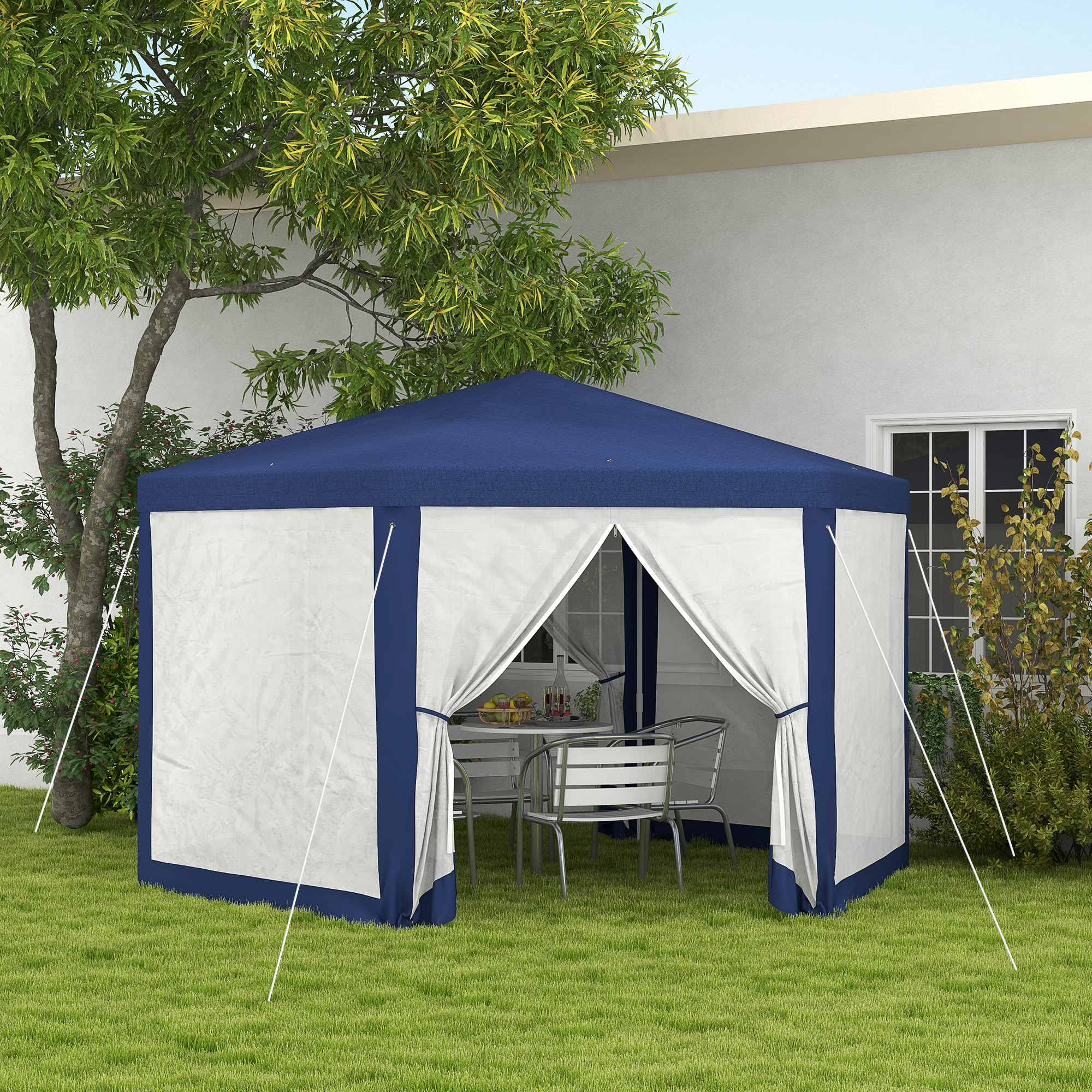 Tuinpaviljoen, 6-hoekig, Muskietennetten, Metalen Frame, 3,94x3,412x2,5m, Blauw