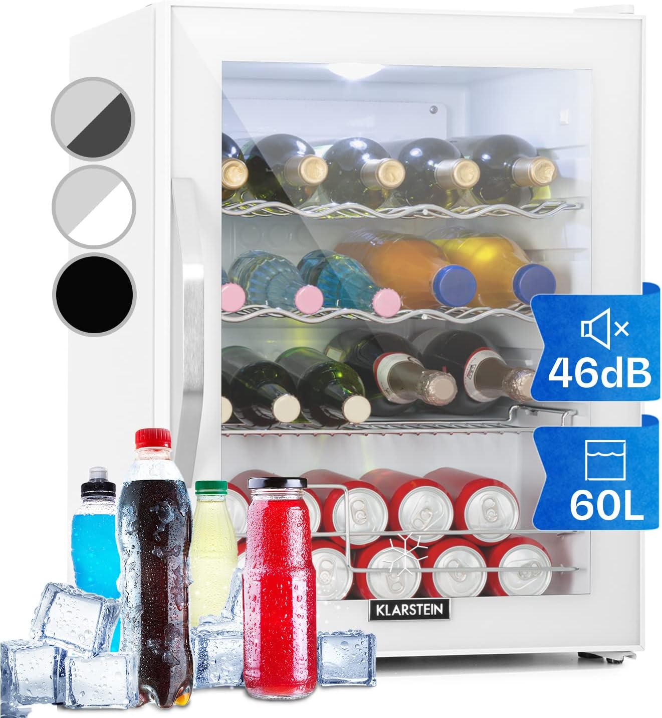 KLARSTEIN Mini Frigo de Chambre et Bureau pour Boisson, Petit Frigo Silencieux, Refrigerateur Mini Bar 60L, Petit Réfrigérateur Camping, Étagères Réglables, Ondulés pour le Vin, Cannette, Beer Fridge