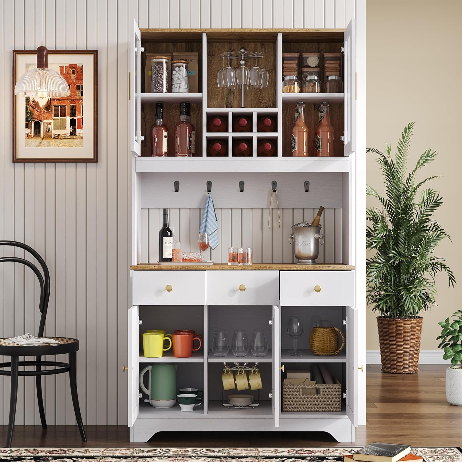 Hochschrank Küche Weiß mit Glasfront, Multifunktionaler Buffetschrank mit Weinablage und Schubladen, Stauraumschrank für Esszimmer Wohnzimmer im Landhausstil