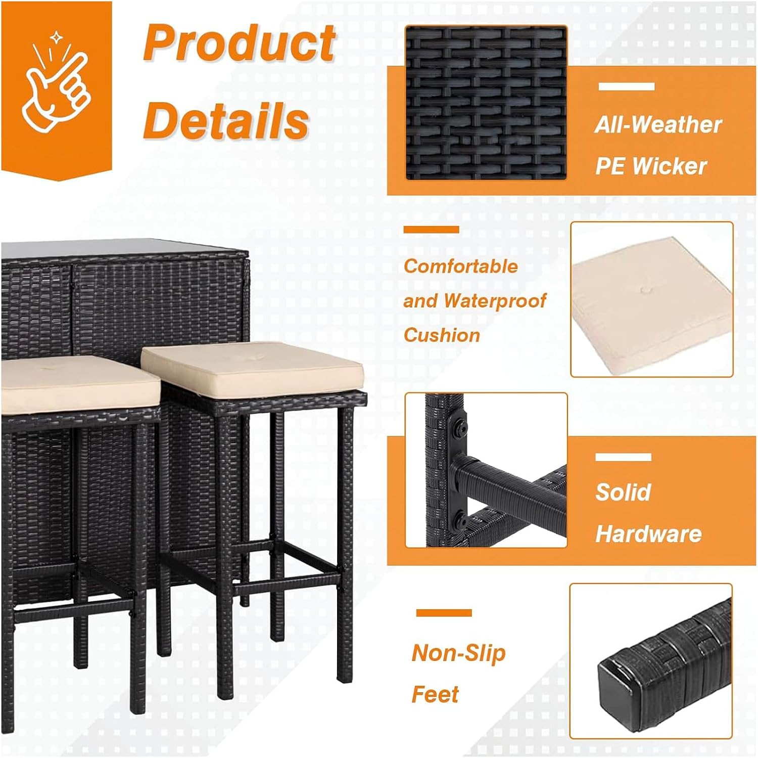 Polyrattan Gartenbar Set Gartenmöbel Sitzgruppe Rattan Bar Tresen Theke Tisch Barset Bartisch Stehtisch Gartentheke Barhocker Bar-Stuhl Sitzgruppe (Braun&Khaki)